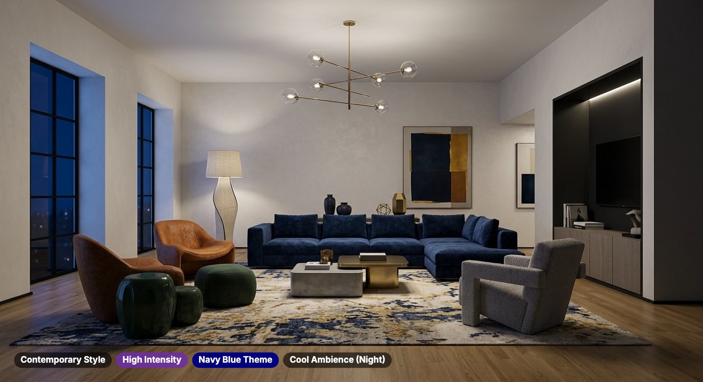 The same living room transformed into a contemporary, fully designed space