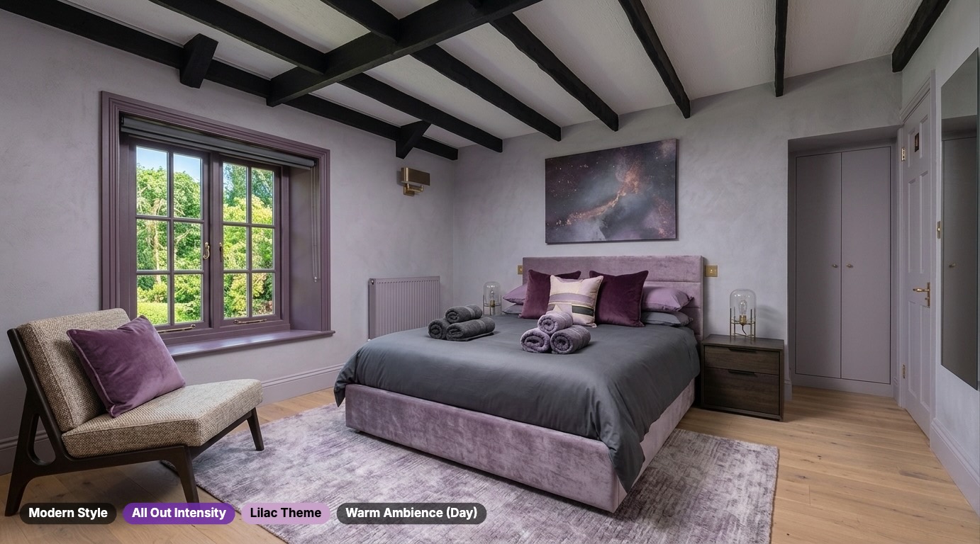 The same bedroom reimagined with a Modern theme